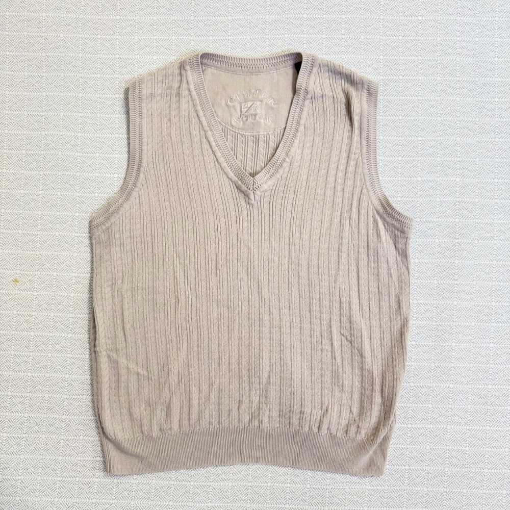 Cutter & Buck Womens Beige V-Neck Cable Knit Cotton Sweater Vest Medium